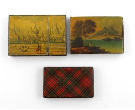A collection of three 19th century card cases, comprising: one with a scene of Brighton Pavilion, the reverse with a scene of