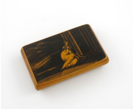A 19th century Mauchline Ware sycamore and pen work snuff box, by J Cowan, Tarbolton, the cover decorated with a scene of a w