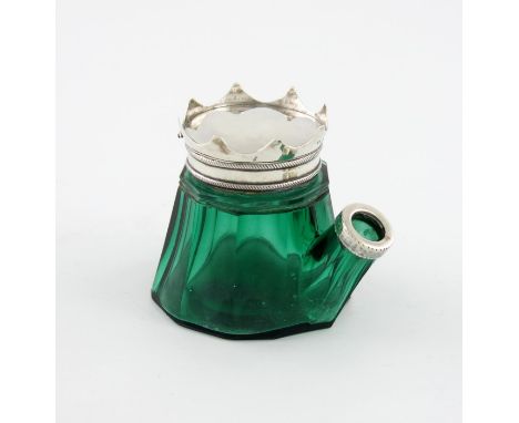 An early Victorian silver-mounted green glass inkwell, by G. Riddle, London 1838, tapering ten sided form, the spout with a p