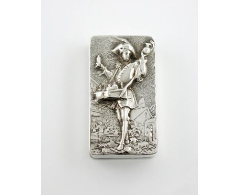 A George IV silver raised relief Pedlar snuff box, by John Linnit, London 1820, rectangular form, the hinged cover with a sce