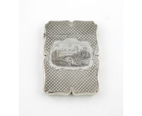 A Victorian silver engraved 'castle-top' card case, Warwick Castle, by Nathaniel Mills, Birmingham 1843, rectangular form, th