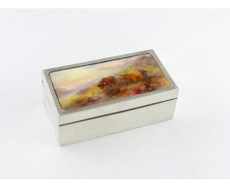 A silver mounted Royal Worcester cigarette box, by Sanders and Mackenzie, Birmingham 1927, the panel signed  H Stinton, recta