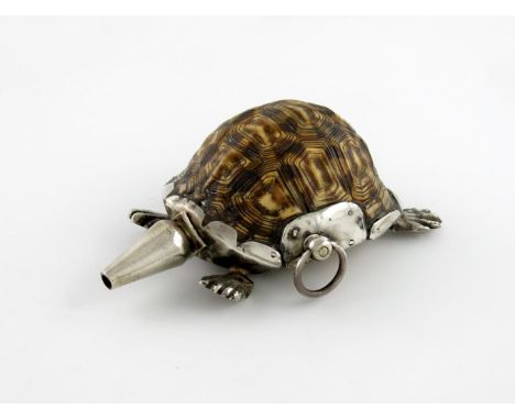 λA silver mounted tortoise shell powder flask, unmarked, probably second half of 18th century, with a screw-action pouring sp