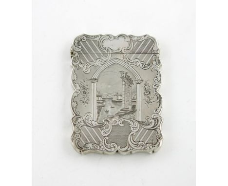 A Victorian silver engraved 'castle-top' card case, Pompeii, by Wheeler and Cronin, Birmingham 1845, rectangular form, the fr