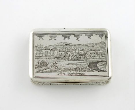 A 19th century Austro-Hungarian silver engraved snuff box, maker's mark RP, Vienna 1840-49, rectangular form, the hinged cove