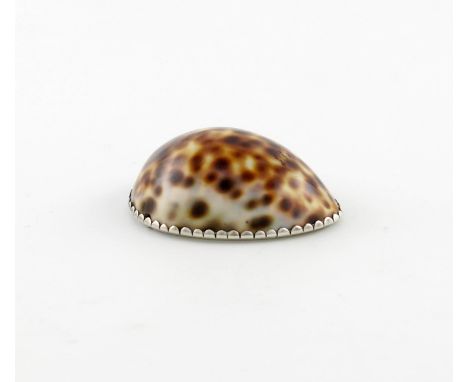 A George III silver-mounted cowrie shell snuff box, unmarked, circa 1800, the mount with a flush hinged cover, bright-cut bor