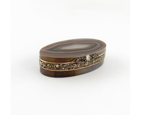 A 19th century Austrian jewel-set, agate and enamelled-gold mounted snuff box unmarked apart from later French import marks, 