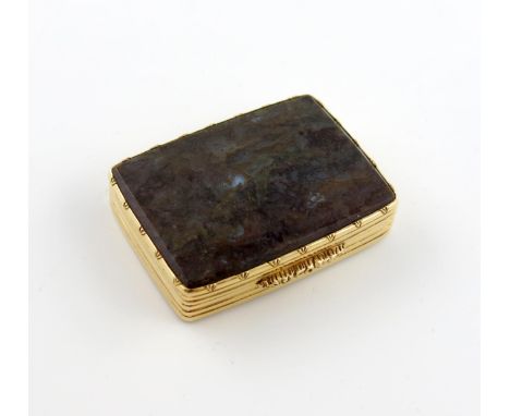 A Victorian provincial gold and hard stone snuff box, by Walter and George Myers, Chester 1881, rectangular form, reeded side