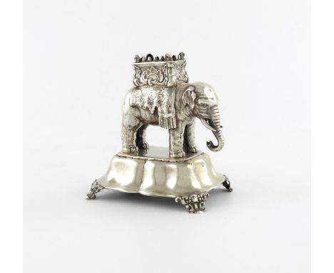 A 19th century Austro-Hungarian novelty silver elephant toothpick holder, maker's mark JJ, circa 1870, modelled in a standing