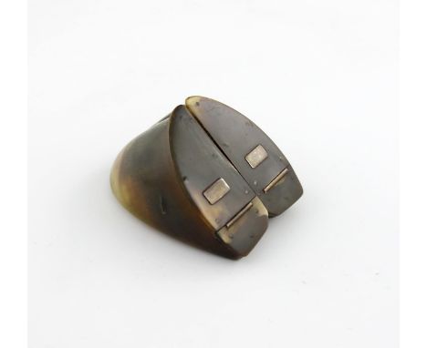 A late 19th century hoof double snuff box, with two hinged covers with vacant rectangular cartouches, the underside with stud