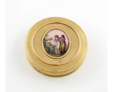 A George III eighteen carat gold and enamelled box, by Alexander James Strachan, London 1806, circular form, the hinged cover