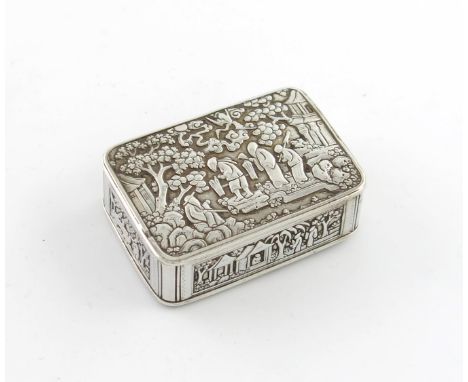 A 19th century Chinese Export silver snuff box, maker's mark M.B, Canton circa 1840, rectangular form, the hinged cover and s