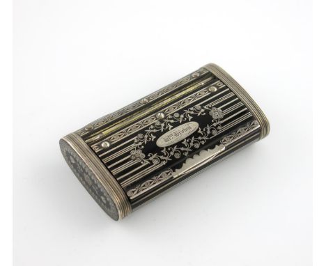 A 19th century silver-mounted horn snuff box, probably Scottish, circa 1863, rectangular form, inlaid with banded decoration,