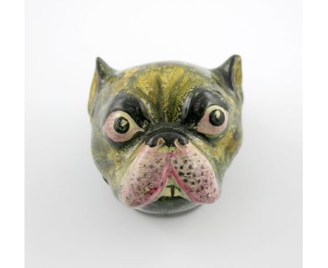 A rare pearlware bonbonniθre or snuff box, c.1800, modelled as the head of a pug dog, decorated in Portobello type colours wi