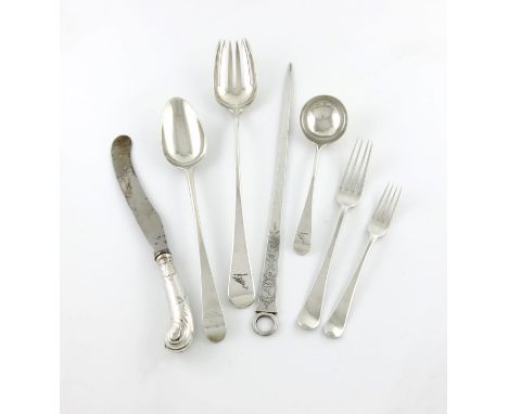 A collection of George III silver Old English pattern flatware, various dates and makers, some by Thomas Wallis, over-struck 