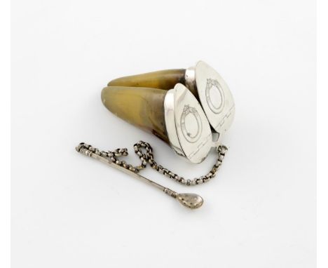 A 19th century silver mounted double hoof snuff box, unmarked probably Scottish, the mounts with a flush hinged cover and eng