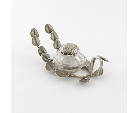 An early-Victorian naturalistic silver inkstand, by Joseph Willmore, Birmingham 1839, of branch and lotus leaf form, with a s