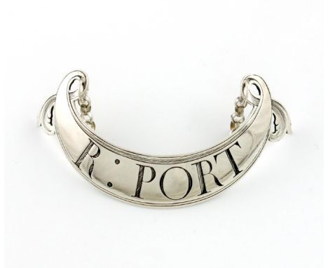 A George III provincial silver wine label, by Joseph Duke, Chester circa 1800, crescent form, the ends with a scroll motif, r