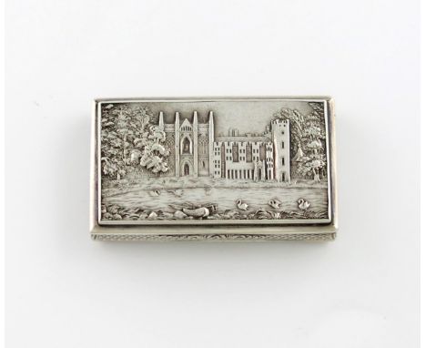 A Victorian silver 'castle-top' snuff box, Newstead Abbey, by Nathaniel Mills, Birmingham 1837, rectangular form, the hinged 