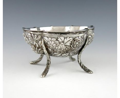 A Chinese silver bowl, by Tuck Chang and Co, Shanghai, lobed oval form, embossed with flowers on a matted background, double 