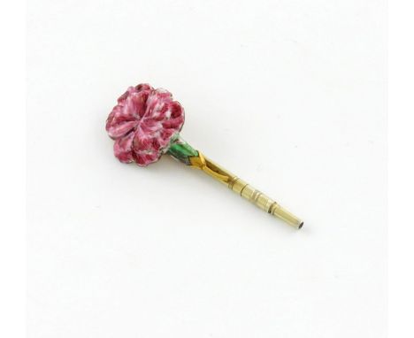 A Victorian gold, silver-gilt and enamel novelty pencil, unmarked, probably by S. Mordan and Co, enamelled with a carnation h