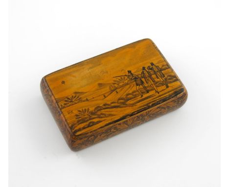 An early 19th century Mauchline Ware sycamore and pen work snuff box, by Crawford, Cumnock, the cover with a depiction of a g