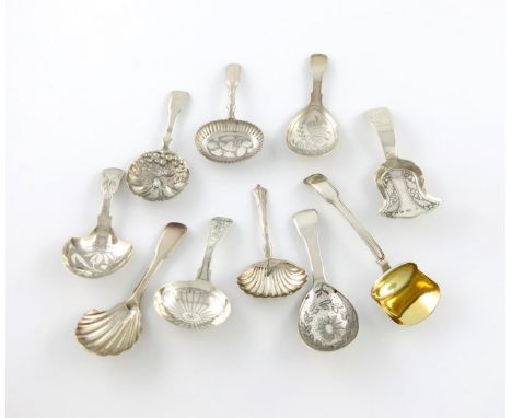 A collection of ten antique silver caddy spoons, comprising: a George IV one by John Bettridge, Birmingham 1820, bell shaped 