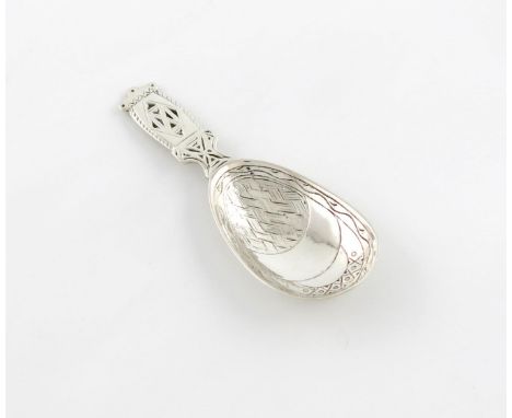 By Liberty and Co, a silver caddy spoon, Birmingham 1936, also stamped 3181, pear shaped bowl with chased intertwined basket-