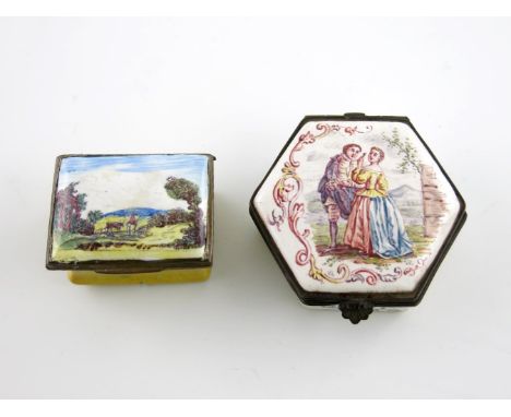 An English enamel patch box, late 18th century, the cover painted with an equestrian figure in a landscape scene, the sides a