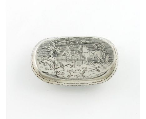 A George III silver snuff box, by Thropp and Taylor, Birmingham 1811, oblong form, the cover engraved with a hunting scenes w