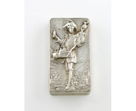 A George IV silver raised relief Pedlar snuff box, by John Linnit, London 1825, rectangular form, the hinged cover with a sce