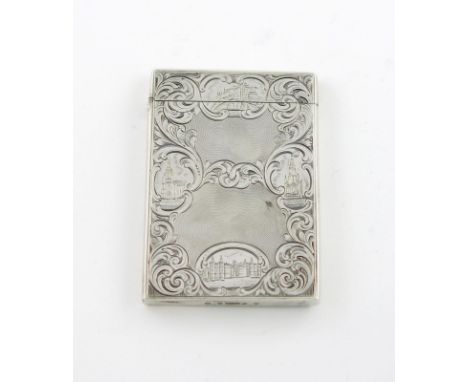 A Victorian Scottish silver engraved 'castle-top' card case, with four Scottish buildings, by J, Naesmyth and Co, Edinburgh 1