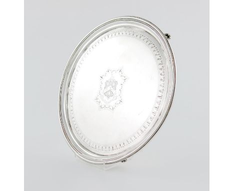 A George III silver salver, by Smith and Hayter, London 1802, circular form, moulded border, the centre with engraved decorat