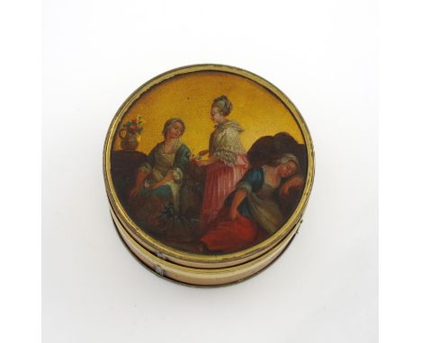 λAn 18th century silver mounted Vernis Martin snuff box, circular form, the pull off cover with three ladies with a gold colo