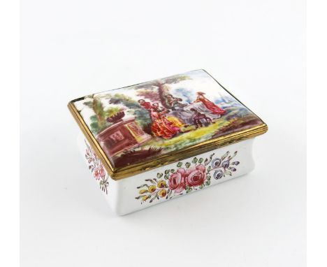 A Birmingham enamel rectangular snuff box, c.1760-65, the cover painted with a Fκte Champκtre scene in the manner of Watteau,