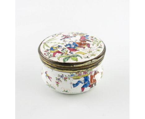 A Chantilly silver-mounted circular snuff box, c.1740, the cover painted with a chinoiserie scene of figures beneath a double