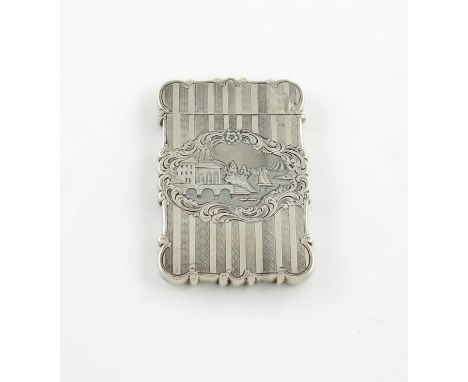 A Victorian silver engraved 'castle-top' card case, by Nathaniel Mills, Birmingham 1846, rectangular form, engraved with a la