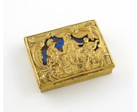An 18th century gilt-metal snuff box, circa 1760, rectangular form, the hinged cover with pierced figural decoration and set 