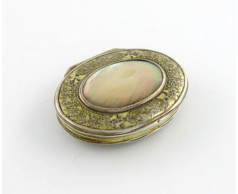 A mid 18th century silver-gilt and mother-of-pearl snuff box, unmarked, circa 1740-50, oval form, the mount chased with birds