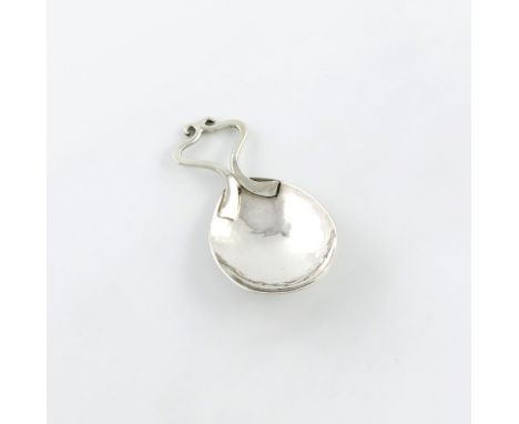 By Greenwood and Watts, an Arts and Crafts silver caddy spoon, London 1929, fig-shaped spot-hammered bowl, with an intertwine