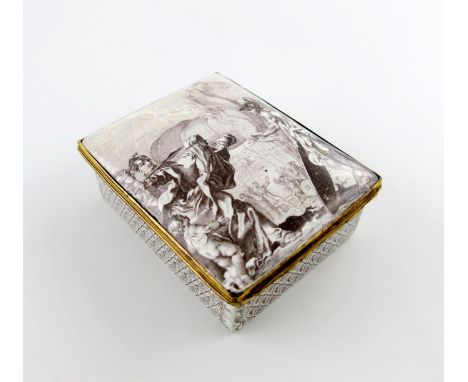 A Battersea enamel rectangular snuff box, c.1750-55, printed in sepia to the exterior with a scene of soldiers attacking the 
