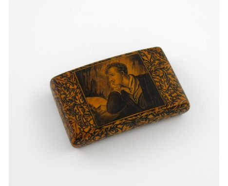 A 19th century Mauchline Ware sycamore and pen work snuff box, by McKerrow, Cumnock, of curved rectangular form, the cover wi