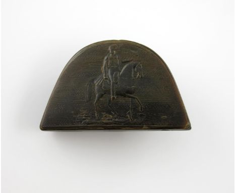 Napoleonic interest, a 19th century pressed horn snuff box, in the form of Napoleon's hat, the hinged lid with a depiction of