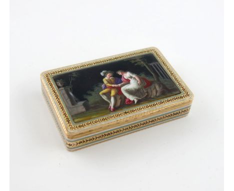 A 19th century German gold and enamelled snuff box, incuse crossed-S and sunray mark, numbered 3617 to the flange, Hanau circ