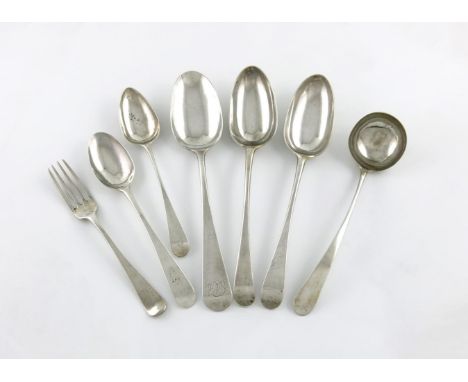 A small collection of Scottish provincial and Colonial silver flatware, comprising: a pair of Old English pattern tablespoons