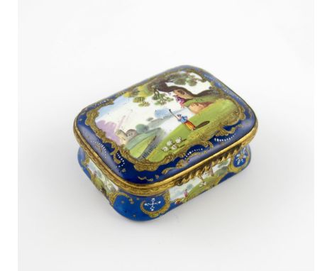 An English enamel snuff box, c.1770-80, of rounded rectangular form, the cover painted with a panel of  a shepherdess and her
