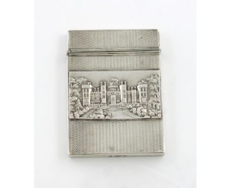 A Victorian silver 'castle-top' card case, by Nathaniel Mills, Birmingham 1838, rectangular form, the front with a raised sce