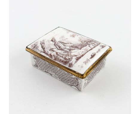 A good Battersea enamel snuff box, c.1755, printed in sepia with 'Partie de Chasse', engraved by Simon Franηois Ravenet, a la
