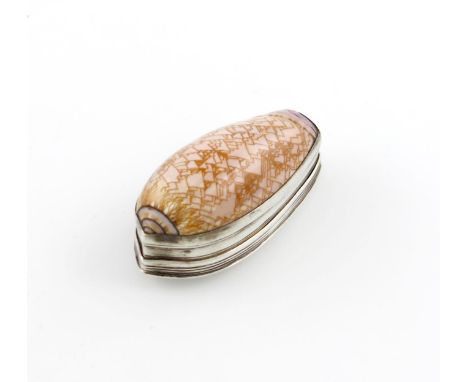 λA George IV silver-mounted shell snuff box, by Thomas Edwards, London 1824, shaped form, the hinged cover with a rectangular