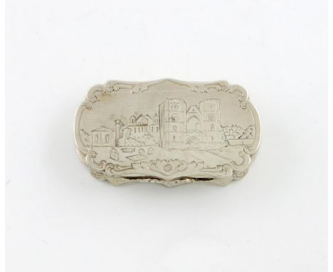 A Victorian silver engraved vinaigrette, Elgin Cathedral, by Nathaniel Mills, Birmingham 1843, rounded shaped rectangular for